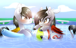 Size: 4500x2848 | Tagged: safe, artist:scarlet-spectrum, oc, oc only, oc:scarlet spectrum, bat pony, pony, ball, duo, high res, swimming pool