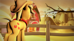 Size: 3840x2160 | Tagged: safe, artist:deadhill, applejack, earth pony, pony, g4, 3d, apple, applebutt, butt, clothes, female, fence, food, high res, hill, plot, poster, scarf, solo, source filmmaker, sweet apple acres, tree