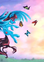 Size: 1198x1669 | Tagged: safe, artist:the art of rira, oc, oc only, oc:lucid heart, butterfly, pegasus, pony, commission, cute, nature, open mouth, scenery, solo, ych result