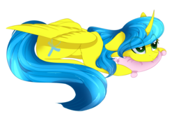 Size: 1024x669 | Tagged: safe, artist:php146, oc, oc only, alicorn, pony, curved horn, eye clipping through hair, female, horn, mare, pillow, prone, simple background, solo, transparent background