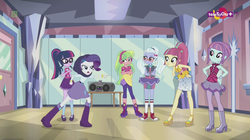 Size: 1136x638 | Tagged: safe, screencap, lemon zest, rarity, sci-twi, sour sweet, sugarcoat, sunny flare, twilight sparkle, dance magic, equestria girls, equestria girls specials, g4, angry, boombox, boots, bowtie, bracelet, clothes, converse, crossed arms, crystal prep academy, cute, dance floor, door, female, freckles, glasses, group, hand on hip, headphones, heart, high heel boots, high heels, iphone, jewelry, leggings, mary janes, mirror, pantyhose, pigtails, ponytail, radio, shoes, skirt, sneakers, socks, teletoon, tutu, twintails