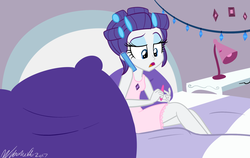 Size: 1024x647 | Tagged: dead source, safe, artist:wubcakeva, rarity, equestria girls, g4, alternate hairstyle, bed, cellphone, clothes, desk, female, hair curlers, nightgown, open mouth, phone, pillow, signature, solo