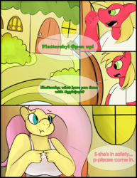 Size: 765x990 | Tagged: safe, artist:simplyshivers, big macintosh, fluttershy, earth pony, anthro, comic:craving an apple or two, g4, applejack's hat, chubby, comic, cowboy hat, flutterpred, hat, imminent vore