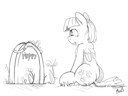 Size: 3000x2262 | Tagged: safe, artist:sea-maas, ripley, zippoorwhill, pegasus, pony, forever filly, g4, bad end, black and white, collar, crying, feels, female, flower, grass, grave, gravestone, grayscale, high res, implied death, jewelry, monochrome, mortality blues, older, sad, simple background, solo, tiara, white background