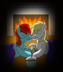 Size: 2688x3024 | Tagged: safe, artist:tacomytaco, oc, oc only, oc:fiopon, pegasus, pony, blanket, candle, chest fluff, cupcake, eyes closed, fireplace, food, gay, high res, male, nuzzling