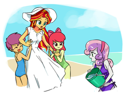 Size: 1024x768 | Tagged: safe, artist:twilite-sparkleplz, apple bloom, scootaloo, sunset shimmer, sweetie belle, equestria girls, g4, apple bitch, beach, blue swimsuit, bow, bucket, bully bloom, clothes, cloud, crusadabitches, cute, cutie mark crusaders, dress, eyes closed, female, green swimsuit, group, hair bow, hat, one-piece swimsuit, open mouth, open-back swimsuit, playing, purple swimsuit, sand, scootabitch, sky, smiling, summer dress, sun hat, sundress, sweetie bitch, swimsuit, tankini, this will end in tears, water, young