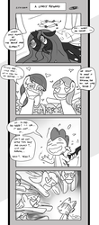 Size: 1451x3300 | Tagged: safe, artist:loreto-arts, queen chrysalis, spike, crystal pony, dragon, pony, comic:friendship is innuendo, g4, broken horn, comic, crystal empire, female, heart, heart eyes, horn, male, mare, monochrome, run, severed horn, spike gets all the mares, stallion, straight, this will end in snu snu, wingding eyes