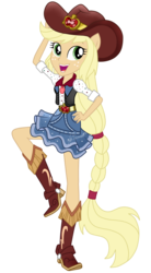 Size: 543x981 | Tagged: safe, artist:mira.veike, applejack, equestria girls, equestria girls specials, g4, my little pony equestria girls: dance magic, beautiful, boots, clothes, cowboy boots, cowboy hat, cowgirl, cute, female, freckles, hand on hip, hat, open mouth, ponied up, raised leg, shoes, simple background, skirt, smiling, solo, stetson, transparent background, vector, vest