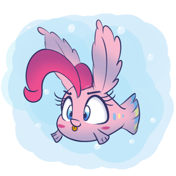 Size: 1280x1280 | Tagged: safe, artist:heir-of-rick, pinkie pie, fish, g4, abstract background, blush sticker, blushing, female, fishified, impossibly large ears, maybe salmon, ponk, smiling, solo, species swap, swimming, tongue out