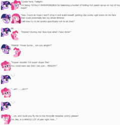 Size: 848x886 | Tagged: safe, artist:dziadek1990, pinkie pie, twilight sparkle, g4, conversation, dialogue, emote story, emotes, pain, pun, reality ensues, reddit, slice of life, text