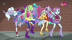 Size: 1920x1080 | Tagged: safe, screencap, lemon zest, sour sweet, sugarcoat, sunny flare, equestria girls, equestria girls specials, g4, my little pony equestria girls: dance magic, adoraflare, boots, clothes, converse, crystal prep shadowbolts, cute, cutie mark, ear piercing, earring, eyes closed, female, freckles, glasses, group, headphones, heart, high heel boots, jewelry, open mouth, piercing, pointe, raised leg, shoes, skirt, sneakers, socks, sourbetes, sugarcute, teletoon, tutu, zestabetes