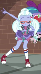 Size: 464x848 | Tagged: safe, screencap, sugarcoat, equestria girls, equestria girls specials, g4, my little pony equestria girls: dance magic, clothes, converse, cropped, dance magic (song), eyes closed, female, glasses, shoes, skirt, smiling, sneakers, socks, solo