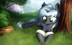 Size: 1920x1200 | Tagged: safe, artist:aurelleah, oc, oc only, oc:quantum flash, alicorn, pony, alicorn oc, bag, book, canterlot, commission, cute, female, forest, grass, happy, looking down, mare, mountain, ocbetes, reading, smiling, solo, tree