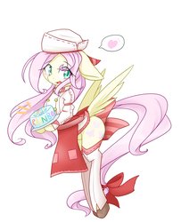 Size: 1300x1600 | Tagged: safe, artist:azurepicker, fluttershy, pony, semi-anthro, g4, arm hooves, bravely second, cake, clothes, female, food, simple background, solo, spoken heart