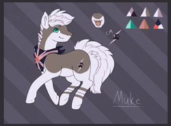 Size: 1470x1080 | Tagged: safe, artist:muketti, oc, oc only, oc:muke, earth pony, pony, abstract background, clothes, reference sheet, scarf, solo