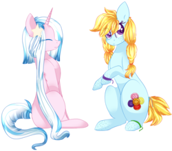 Size: 1024x900 | Tagged: safe, artist:php146, oc, oc only, earth pony, pony, unicorn, colored pupils, cute, duo, eye clipping through hair, eyes closed, female, freckles, looking at you, mare, raised hoof, simple background, transparent background