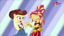 Size: 1366x768 | Tagged: safe, screencap, applejack, sunset shimmer, human, equestria girls, equestria girls specials, g4, my little pony equestria girls: dance magic, alternate hairstyle, clothes, cowboy hat, cute, dancing, duo, eyes closed, female, flamenco dress, flower, flower in hair, hat, holding hands, jackabetes, open mouth, ponied up, shimmerbetes, skirt, sunset shimmer flamenco dress, teletoon, tutu