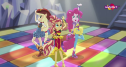 Size: 1366x724 | Tagged: safe, screencap, applejack, pinkie pie, sunset shimmer, human, dance magic, equestria girls, equestria girls specials, g4, alternate hairstyle, boots, clothes, cowboy hat, cute, dance floor, dancing, diapinkes, female, flamenco dress, group, hat, high heels, jackabetes, open mouth, ponied up, shimmerbetes, shoes, skirt, standing, standing on one leg, sunset shimmer flamenco dress, teletoon, trio, tutu