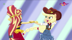 Size: 1366x768 | Tagged: safe, screencap, applejack, sunset shimmer, human, equestria girls, equestria girls specials, g4, my little pony equestria girls: dance magic, alternate hairstyle, clothes, cowboy hat, cute, dance magic (song), dancing, duo, female, flamenco dress, hat, holding hands, jackabetes, ponied up, shimmerbetes, skirt, sunset shimmer flamenco dress, teletoon, tutu