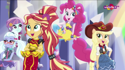 Size: 1366x768 | Tagged: safe, screencap, applejack, pinkie pie, sugarcoat, sunny flare, sunset shimmer, human, dance magic, equestria girls, equestria girls specials, g4, adoraflare, alternate hairstyle, clothes, cowboy hat, cute, dance magic (song), flamenco dress, glasses, hat, jackabetes, open mouth, ponied up, shimmerbetes, skirt, sugarcute, sunset shimmer flamenco dress, teletoon, tutu