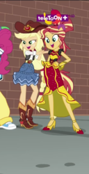 Size: 394x768 | Tagged: safe, screencap, applejack, pinkie pie, rainbow dash, sunset shimmer, human, equestria girls, equestria girls specials, g4, my little pony equestria girls: dance magic, alternate hairstyle, boots, brick wall, clothes, cowboy boots, cowboy hat, cropped, cute, dance magic (song), dress, female, flamenco dress, group, hat, high heel boots, high heels, jackabetes, lidded eyes, open mouth, ponied up, ponytail, rapper pie, shimmerbetes, skirt, sun, sunset shimmer flamenco dress, teletoon, tutu