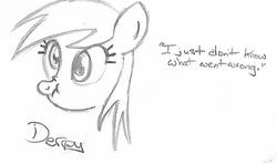Size: 993x584 | Tagged: safe, artist:chronicle23, derpy hooves, pony, g4, female, i just don't know what went wrong, mare, monochrome, quote, scrunchy face, solo, text