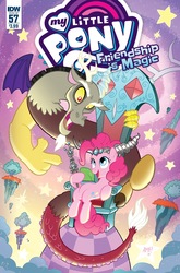 Size: 1054x1600 | Tagged: safe, artist:tony fleecs, idw, discord, pinkie pie, earth pony, pony, equestria daily, g4, spoiler:comic, spoiler:comic57, chaos, cover, crown, discord's throne, duo, female, floating island, horn crown, jewelry, male, regalia, scepter, this will end in tears and/or death, throne, xk-class end-of-the-world scenario