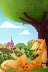 Size: 2000x3000 | Tagged: safe, artist:monogy, applejack, earth pony, pony, g4, against tree, barn, cloud, cowboy hat, crossed hooves, female, freckles, hat, high res, looking away, mare, scenery, solo, stetson, sweet apple acres, tree, under the tree