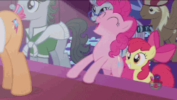 Size: 1280x720 | Tagged: safe, screencap, apple bloom, pinkie pie, earth pony, pony, g4, honest apple, animated, clapping, cutie mark, female, filly, gif, grin, mare, smiling, the cmc's cutie marks
