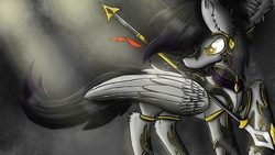 Size: 2080x1170 | Tagged: safe, artist:fusiondash, oc, oc only, pegasus, pony, armor, raised hoof, solo, weapon