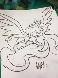 Size: 900x1200 | Tagged: safe, artist:tony fleecs, princess celestia, alicorn, pony, g4, female, filly, long tail, mare, solo, spread wings, traditional art, wings