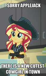 Size: 464x758 | Tagged: safe, sunset shimmer, equestria girls, equestria girls specials, g4, my little pony equestria girls: dance magic, clothes, cowboy hat, cowgirl, crossed arms, female, hat, image macro, meme, skirt, solo, text