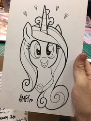 Size: 900x1200 | Tagged: safe, artist:tonyfleecs, princess cadance, alicorn, pony, g4, bust, cute, cutedance, female, food, happy, looking at you, open mouth, pizza, smiling, solo, traditional art
