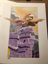Size: 900x1200 | Tagged: safe, artist:tonyfleecs, griffon, castle, cloud, hood, majestic, ruins, solo, stairs, traditional art
