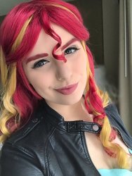 Size: 901x1200 | Tagged: safe, artist:maddymoiselle, sunset shimmer, human, equestria girls, g4, clothes, cosplay, costume, irl, irl human, jacket, leather jacket, photo, selfie, smiling, smirk, solo, wig