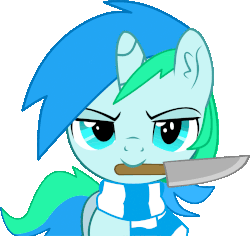 Size: 1816x1715 | Tagged: safe, artist:cyanlightning, oc, oc only, oc:cyan lightning, pony, unicorn, g4, animated, bust, clothes, colt, cute, ear fluff, gif, knife, looking at you, male, mouth hold, scarf, simple background, smiling, solo, transparent background