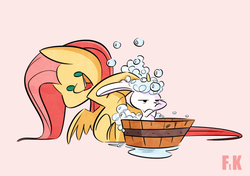 Size: 540x381 | Tagged: safe, artist:fluttershythekind, angel bunny, fluttershy, pegasus, pony, rabbit, g4, basket, bath, bubble, cute, duo, forced bathing, pink background, shyabetes, simple background, sitting, water