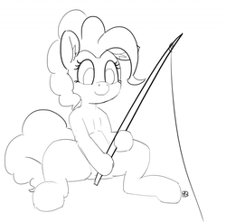 Size: 1280x1258 | Tagged: dead source, safe, artist:pabbley, pinkie pie, earth pony, pony, g4, 30 minute art challenge, female, fishing rod, monochrome, sitting, sketch, solo