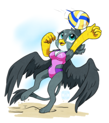 Size: 714x812 | Tagged: safe, artist:catbeecache, gabby, griffon, anthro, g4, armpits, beach, breasts, busty gabby, cleavage, clothes, female, one-piece swimsuit, open-back swimsuit, solo, spread wings, swimsuit, volleyball, wings