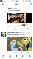 Size: 640x1136 | Tagged: safe, daring do, derpy hooves, rainbow dash, pegasus, pony, g4, stranger than fan fiction, female, ios, iphone, juxtaposition, mare, meta, somecallmejohnny, text, twitter