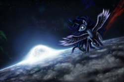 Size: 1200x800 | Tagged: safe, artist:salterino, princess luna, alicorn, pony, g4, cloud, female, flying, mare, moon, planet, scenery, solo, space