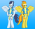 Size: 4810x4032 | Tagged: safe, artist:tacomytaco, soarin', spitfire, pegasus, pony, semi-anthro, g4, absurd resolution, backwards cutie mark, belly button, clothes, cute, cutefire, female, gradient background, male, mare, midriff, soarinbetes, spread wings, underwear, uniform, wingboner, wings, wonderbolts uniform