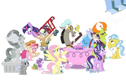 Size: 1093x726 | Tagged: safe, artist:dm29, angel bunny, chipcutter, discord, doctor fauna, fluttershy, maud pie, pinkie pie, princess flurry heart, rarity, starlight glimmer, sweetie belle, thorax, trixie, twilight sparkle, whammy, alicorn, changedling, changeling, pony, a flurry of emotions, all bottled up, celestial advice, fluttershy leans in, forever filly, g4, rock solid friendship, anger magic, bottled rage, cinnamon nuts, cup, equestrian pink heart of courage, food, hat, helmet, hug, jalapeno red velvet omelette cupcakes, king thorax, kite, magic, mining helmet, pizza costume, pizza head, reformed four, shopping cart, shower cap, simple background, statue, stingbush seed pods, teacup, that pony sure does love kites, that pony sure does love teacups, the meme continues, the story so far of season 7, this isn't even my final form, twilight sparkle (alicorn), wall of tags, white background