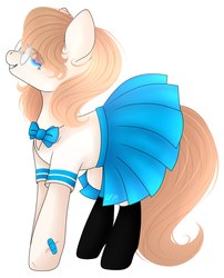 Size: 1033x1281 | Tagged: safe, artist:aliceub, oc, oc only, earth pony, pony, bowtie, clothes, cute, female, glasses, mare, pleated skirt, simple background, skirt, skirt lift, socks, solo, white background