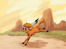 Size: 1000x742 | Tagged: safe, artist:weird--fish, little strongheart, bison, buffalo, pony, g4, adoraheart, cute, desert, female, prairie, running, solo