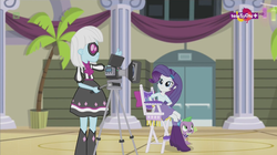 Size: 1137x638 | Tagged: safe, screencap, photo finish, rarity, spike, spike the regular dog, dog, equestria girls, equestria girls specials, g4, my little pony equestria girls: dance magic, boots, camera, canterlot high, glasses, hand on hip, shoes, teletoon, thumbs up