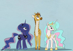 Size: 954x668 | Tagged: safe, artist:el-yeguero, clementine, princess celestia, princess luna, alicorn, giraffe, pony, fluttershy leans in, g4, my little pony: friendship is magic, royal sisters