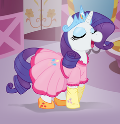 Size: 1000x1032 | Tagged: safe, artist:redflare500, applejack, fluttershy, pinkie pie, rainbow dash, rarity, pony, unicorn, g4, carousel boutique, clothes, clothing transformation, dress, female, high heels, implied twilight sparkle, inanimate tf, jewelry, mare, socks, tiara, transformation