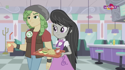 Size: 1136x638 | Tagged: safe, screencap, octavia melody, sandalwood, equestria girls, equestria girls specials, g4, my little pony equestria girls: dance magic, beanie, bowtie, burger, cafe, clothes, cup, female, food, french fries, hamburger, hat, male, skirt, soda, teletoon