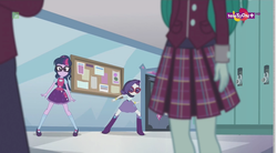 Size: 1152x638 | Tagged: safe, screencap, cold forecast, rarity, sci-twi, twilight sparkle, dance magic, equestria girls, equestria girls specials, g4, background human, boots, bowtie, bracelet, clothes, crystal prep academy, crystal prep academy uniform, door, glasses, high heel boots, hoodie, jewelry, lockers, mary janes, pleated skirt, ponytail, school, school uniform, shoes, skirt, sneaking, socks, teletoon